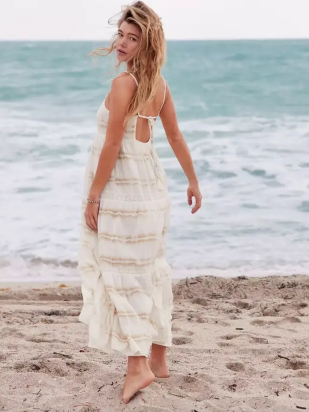 Aerie Tie Dye Beachy Tiered Ruffle, 100% Cotton Gauze, cream/tan tie-dye maxi. M
